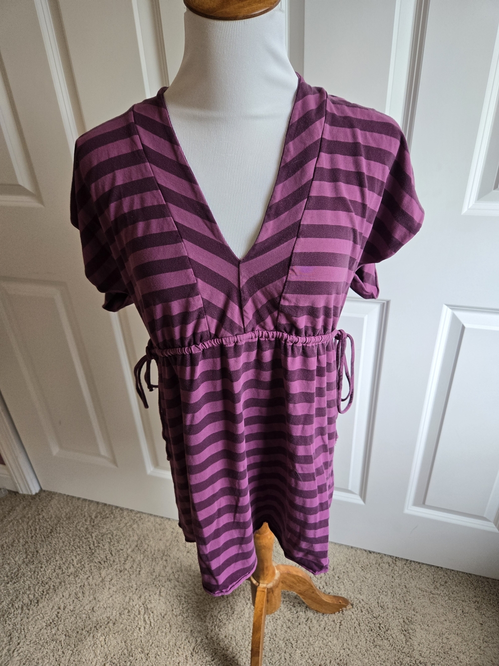 Anthropologie Ella Moss Purple Striped V-Neck Drawstring Top - Medium